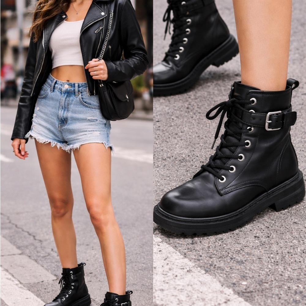 Dune Black Lace-Up Combat Boots with Buckle Detail